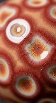 Close up abstract macro view of vibrant red and white circular patterns with intricate textures and radial details photo