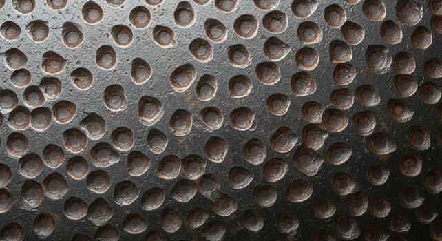 Close up of a textured metallic surface with a repeating pattern of dimpled indentations photo