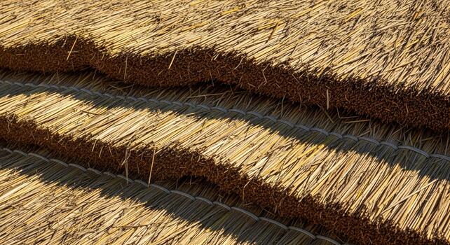 Close up view of neatly stacked bales of golden straw creating a textured background with linear shadows photo