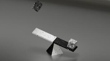 abstrakt svartvit balans med mönstrad kuber och gungbräda på grå bakgrund tolkning scen video