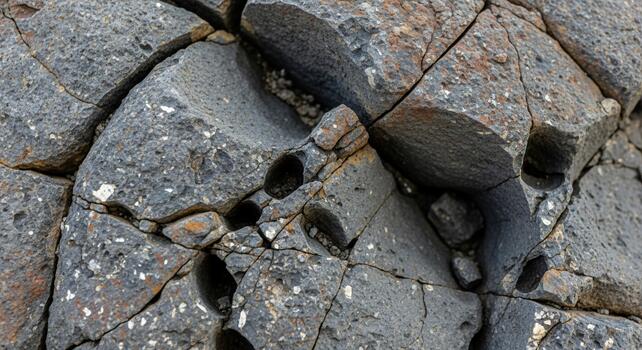 Close up view of a weathered rock surface with embedded dark oval shapes and sparkling mineral inclusions photo