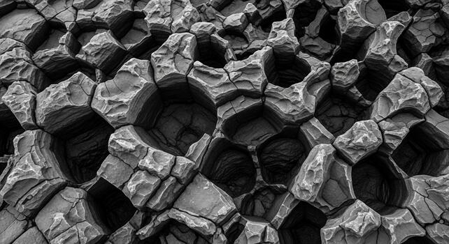 Close up abstract view of natural basalt columns forming a geometric honeycomb pattern in grayscale photo
