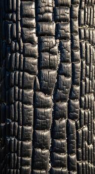 Close up texture of charred tree bark showing deep vertical grooves and blackened patterns from a fire photo