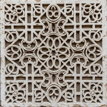 Intricate geometric lattice pattern carved into stone with floral motifs and repeating symmetrical design photo