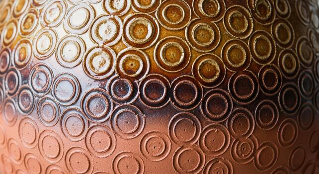 Close up view of a textured surface with repeating concentric circles in warm metallic tones reflecting light photo