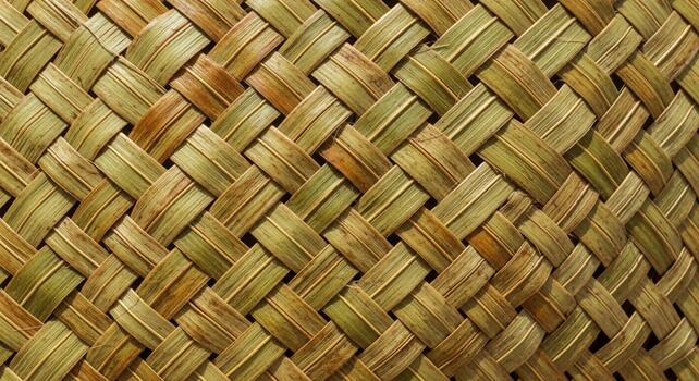 Close up view of a tightly woven natural straw basket texture with intricate diagonal and horizontal patterns photo