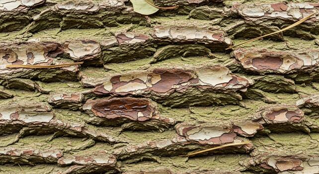 Close up textured view of rough weathered tree bark with intricate patterns and earthy green moss growth photo