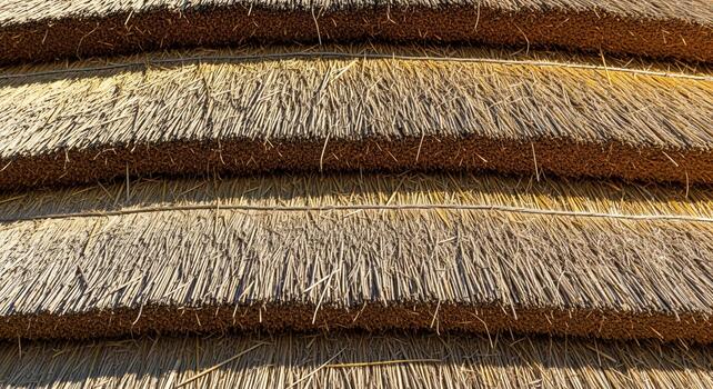 Close up view of layered dry straw or thatch material creating a textured background with horizontal lines photo