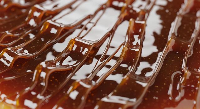 Close up view of rich glossy dark chocolate sauce drizzled in parallel lines over a textured surface creating a decadent dessert topping photo