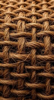 Close up macro view of a tightly woven natural fiber textile with intricate interlocking threads creating a textured pattern photo