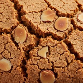 Close up macro view of a cracked baked cookie with visible almond slivers embedded in its textured surface photo