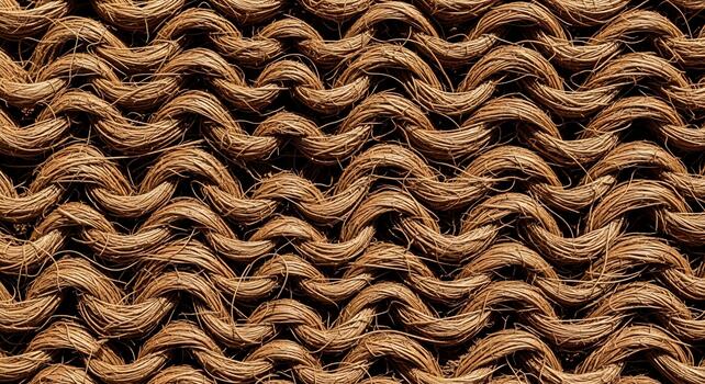 Close up macro view of a textured woven fabric with a rustic brown and tan color palette showcasing intricate stitch patterns photo