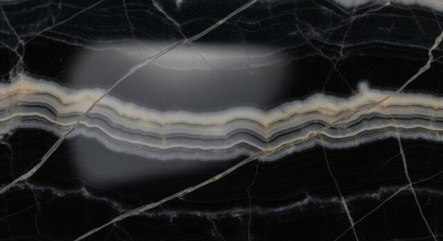 Close up view of a polished black marble slab with intricate white and gold veining creating a natural abstract pattern photo