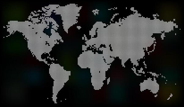 Dotted world map with halftone pixel style continents and countries. World map with dot shape pattern. Digital global world map dotted pattern info-graphic world atlas design vector