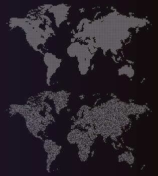 World map design with dotted pattern earth view in different style. Digital global planet earth infographic style showing continents and countries representation with geographic layout. vector