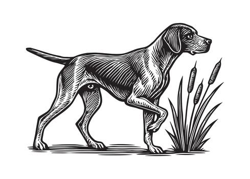 pointer dog graphic design, duck hunting pointer dog illustration art vector