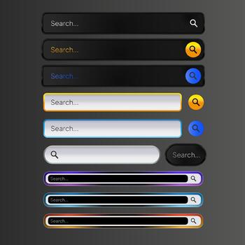Various stylized search bar designs are displayed on a gradient gray background vector