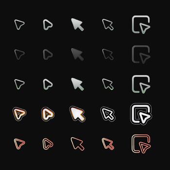 Various computer mouse cursor icons arranged in a grid on a black background vector