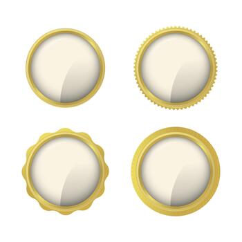 Four elegant golden labels with different shapes and decorations are displayed on a white background, providing ample blank space for adding custom text or designs vector