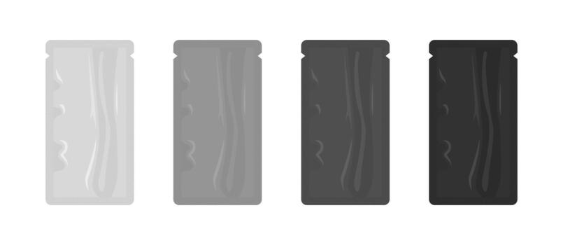 Four gray foil sachets are displayed, showcasing various shades from light to dark, ideal for presenting packaging design concepts and highlighting the versatility of the material vector