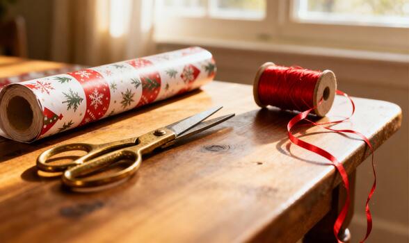 Scissors and Wrapping Paper Roll on Table with Red Twine photo
