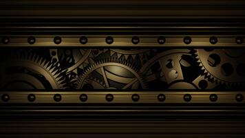 Gold gears and cogwheels in a detailed metal frame creating continuous smooth spinning motion video