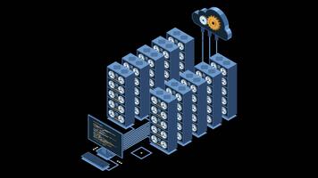 isometrico monitoraggio grande dati animazione. dati trasmissione tecnologia. in linea ospitando tecnologia concetto. isometrico tecnologia. trasparente sfondo con alfa canale. video