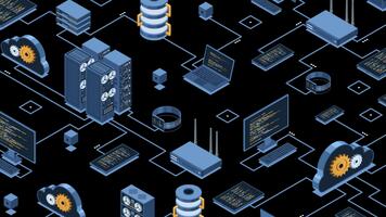 isometrisk data nätverk förvaltning animation. moln lagring data och synkronisering av enheter. nätverk, databas, moln lagring. isometrisk teknologi. transparent bakgrund med alfa kanal video