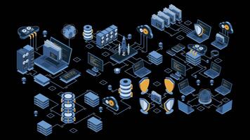 isometrisk data nätverk förvaltning animation. moln lagring data och synkronisering av enheter. nätverk, databas, moln lagring. isometrisk teknologi. transparent bakgrund video