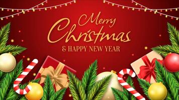 Realistic merry christmas and happy new year with pine needles and gifts on red gradient background animation top view video