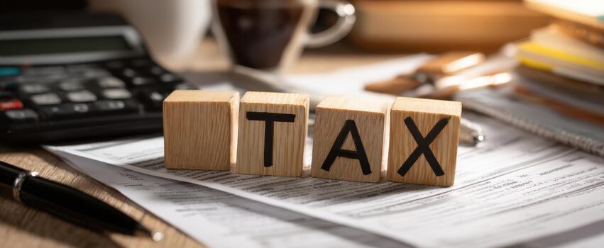 The Tax Blocks on Financial Forms with Calculator Pen and Coffee Cup photo