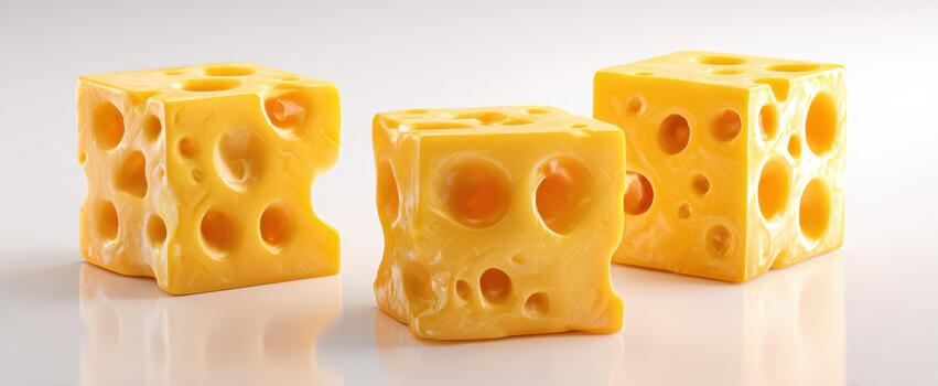 The Cheese Cubes on Reflective Surface with Holes in Bright Studio Lighting photo