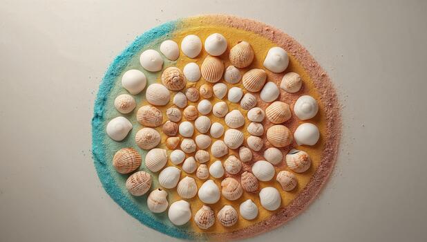 Seashells in Circular Arrangement on Gradient Sand. A Study in Texture and Form. photo