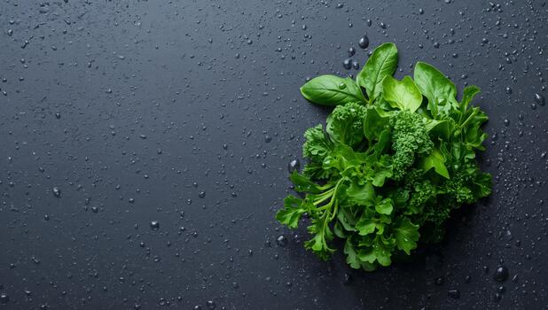 Verdant Array on a Damp Slate Surface, A Study in Contrasting Textures and Shades. photo