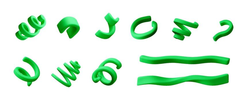 3d render of green abstract confetti shapes and squiggles for fun and playful design element. Modern digital art for graphic design assets. illustration vector