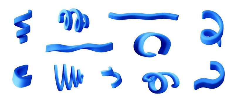 Set of blue 3d abstract confetti chaotic geometric shapes. Wavy and spiral forms for design element, infographic, poster, banner, presentation, web, motion graphics. illustration vector