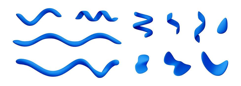 Set of blue 3d abstract confetti chaotic geometric shapes. Wavy and spiral forms for design element, infographic, poster, banner, presentation, web, motion graphics.. illustration vector