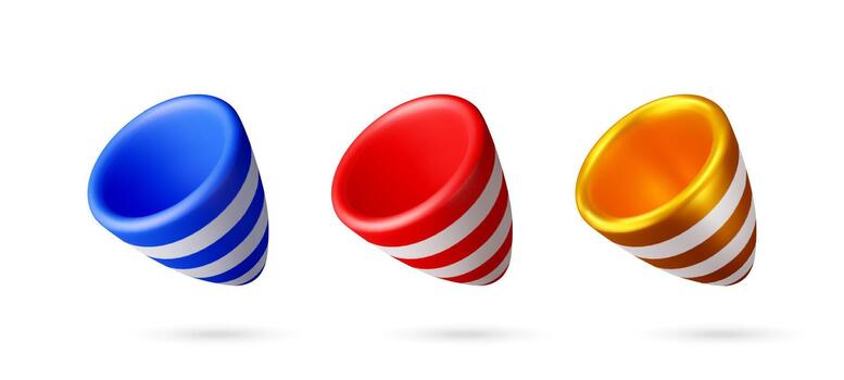Set of three 3d party popper cone with stripped pattern. Celebration and holiday concept. Party accessory for festive event. illustration vector