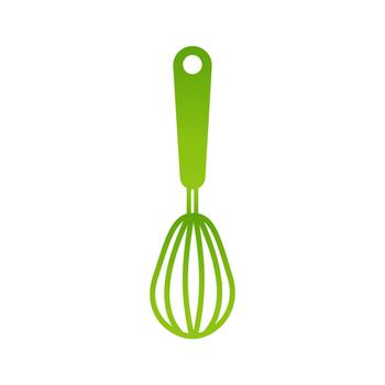 A fresh green whisk illustration with a rounded handle and wire loops, symbolizing baking tools and homemade cooking spirit, presented in a colorful and playful flat kitchen art design. vector