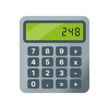 A gray calculator illustration with green digital display, shown in flat minimal design, representing mathematics, accounting, calculation, school supplies, and modern educational tools. vector