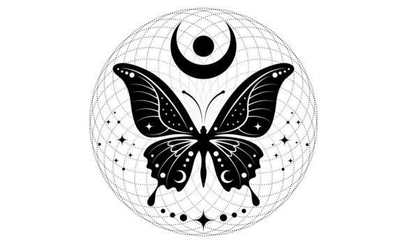 mystical butterfly and celestial crescent moon symbol, Sacred Torus, Pagan wiccan design. Esoteric boho moth logo for spiritual practices of ethnic and rites, isolated on white background vector