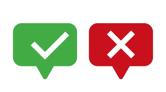 Check mark and cross mark symbols. Yes and No signs. Signs in green and red colored. Confirmation mark vector