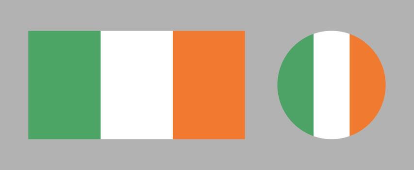 Flag of Ireland. Flag rectangle, circle icon set. Round, rectangular Irish flag badges. Standard colours. vector