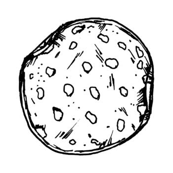 illustration of round salami slice with scattered fat specks and textured edges. Clean line work makes it suitable for meat sets, deli graphics, pizza toppings, sandwich layouts, cooking theme vector