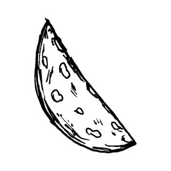 drawing of a long narrow salami slice with dotted fat pattern and tapered shape. Detailed line work fits meat sets, deli compositions, pizza toppings, antipasti graphics and culinary layouts. vector
