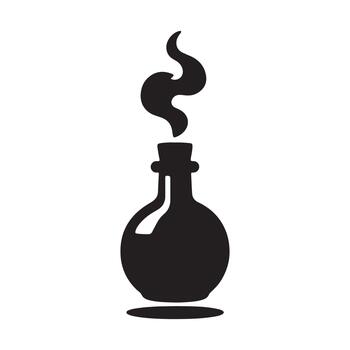 Minimalist graphic of a dark potion bottle with swirling smoke, ideal for magic, alchemy, and mystery concepts in fantasy design, icons, and digital art applications vector