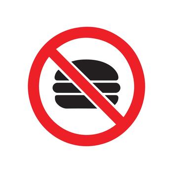 Universal no food sign with a prohibited burger graphic, featuring a red circle and diagonal line. This icon clearly communicates eating restrictions vector