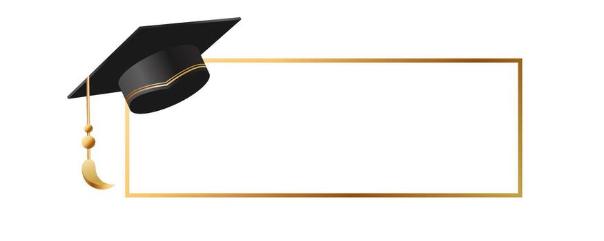 Black graduation cap with gold tassel placed above a thin rectangular gold frame on a white background. vector