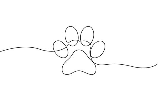 Continuous one line drawing of a animal paw pad, One line drawing of a dog paw print Eps 10 vector