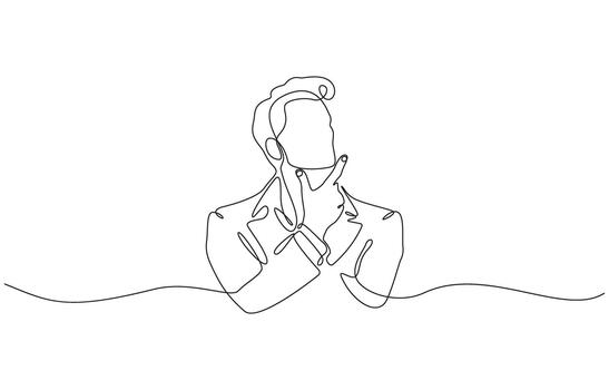 Continuous one line drawing of Man in suit deep in thought with lightbulb above vector